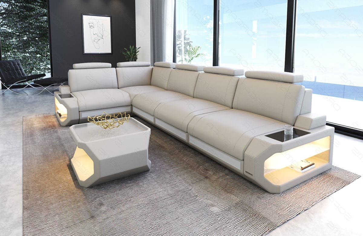 Leder-Ecksofa Siena L Lang Komfort & Stil beige-weiß