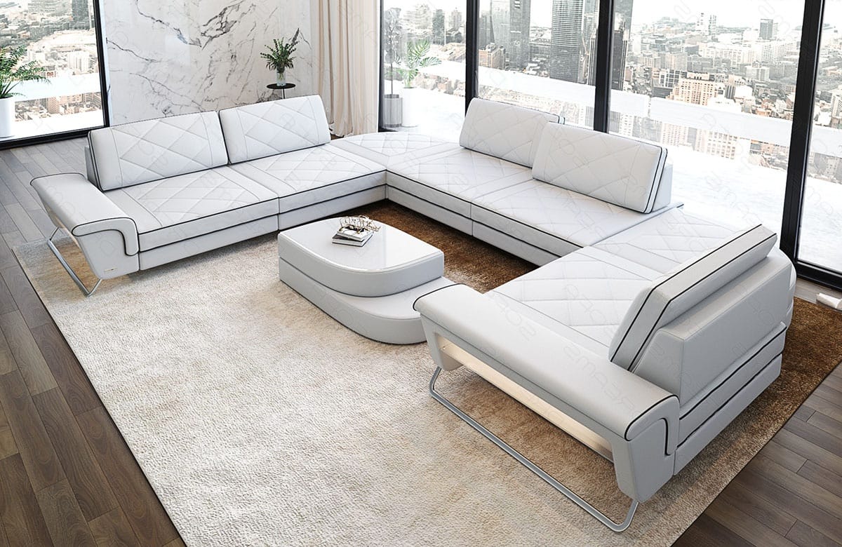 Leder Couch Rotello U-Form weiß-schwarz