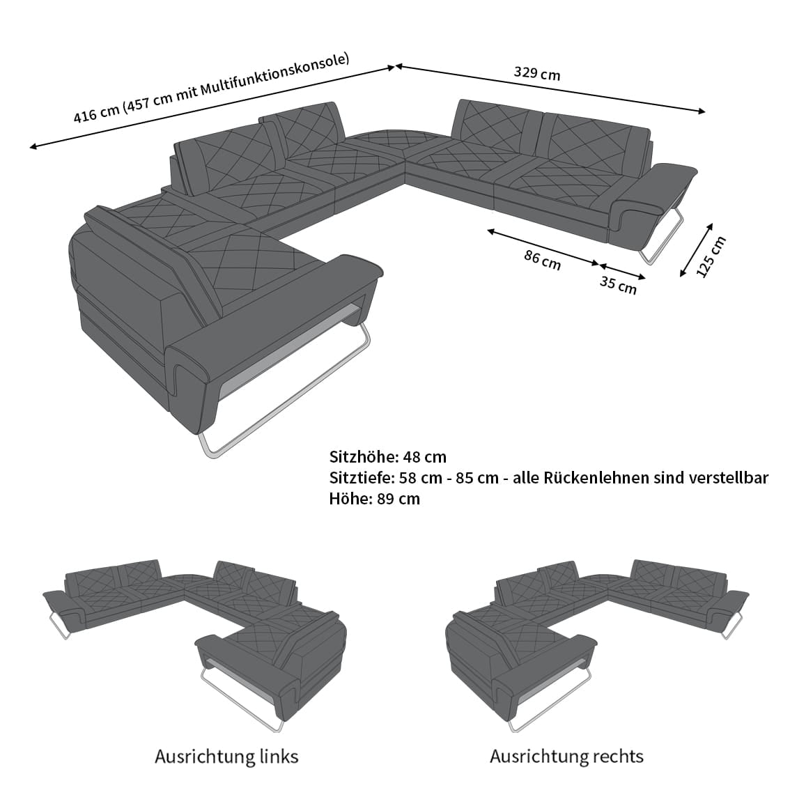 Leder Couch Rotello U-Form weiß-schwarz