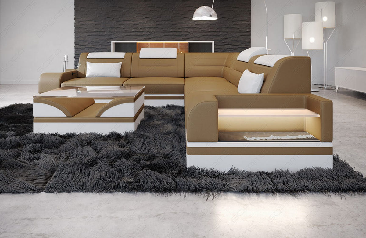 Mini Ecksofa Trivento L-Form in Leder Sandbeige-Weiß