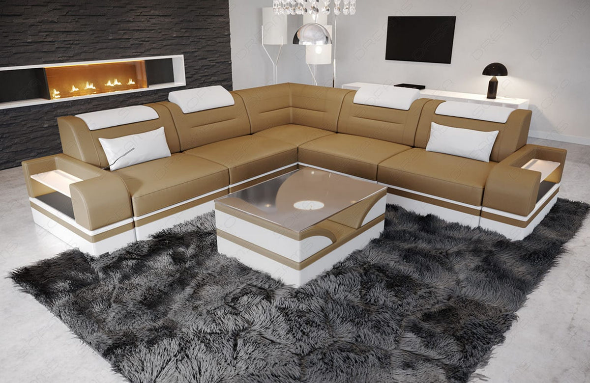 Ecksofa Trivento L-Form aus Leder sandbeige-weiß