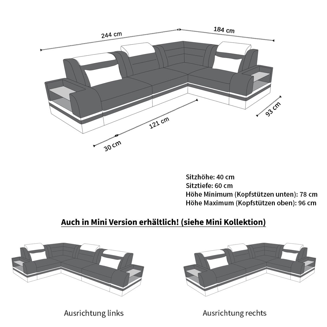 Mini Ecksofa Trivento Kompakt L-Form in Leder Grau-Schwarz