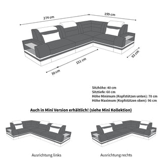 Couch Trivento L-Form in Leder grau-schwarz