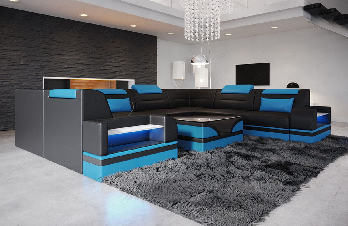 Mini Sofa Trivento U-Form aus Leder Schwarz-Blau