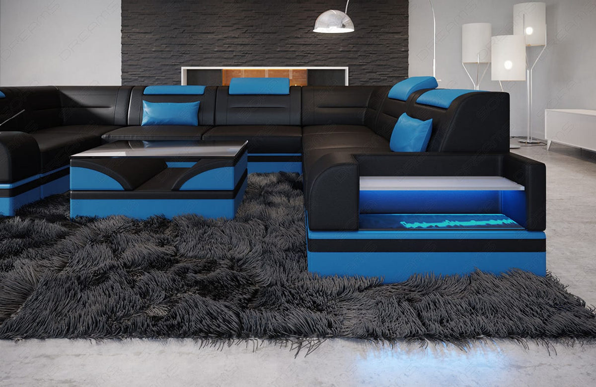Mini Sofa Trivento U-Form aus Leder Schwarz-Blau