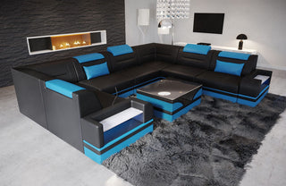Leder Couch Trivento U-Form schwarz-blau