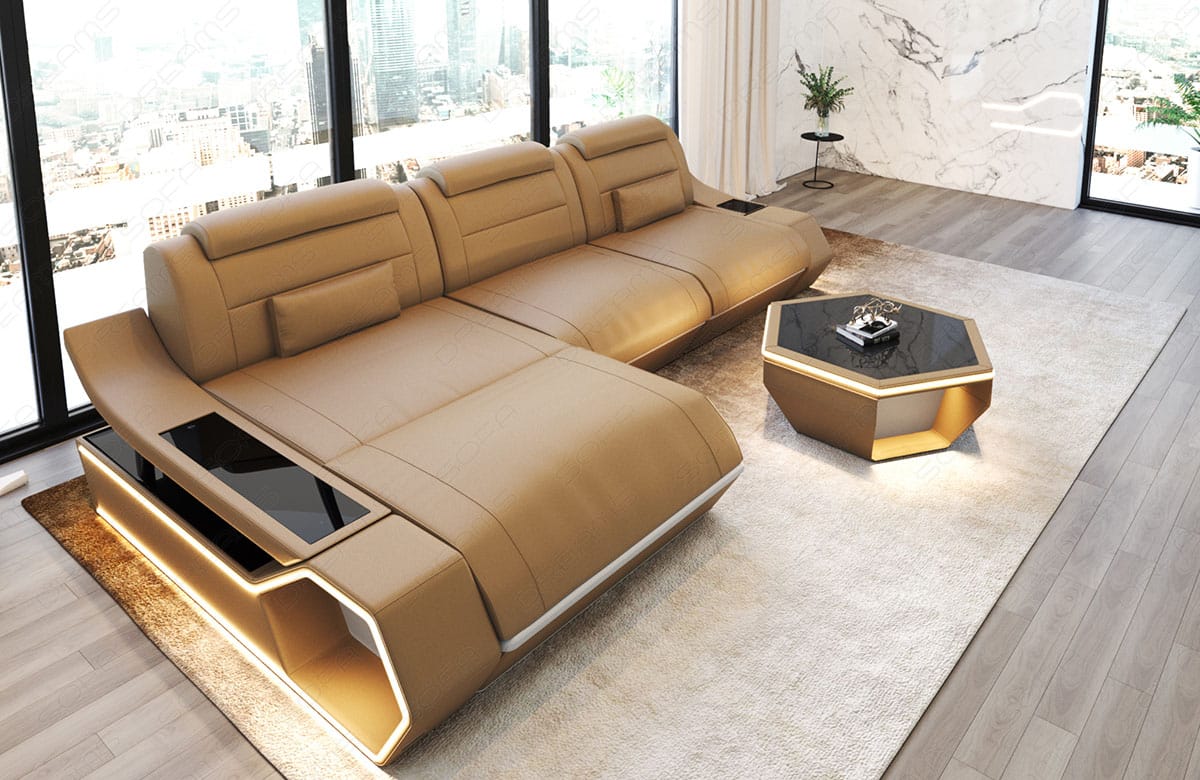 Ecksofa Toscano L-Form in Leder sandbeige-weiß