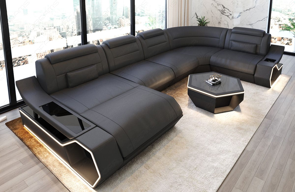 Wohnlandschaft Toscano U-Form in Leder grau-schwarz