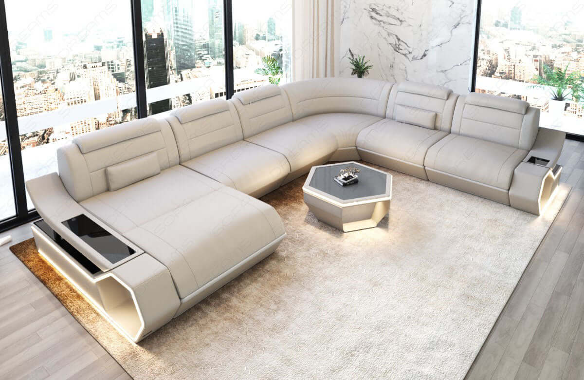 Wohnlandschaft Toscano XXL U-Form in Leder beige-weiß