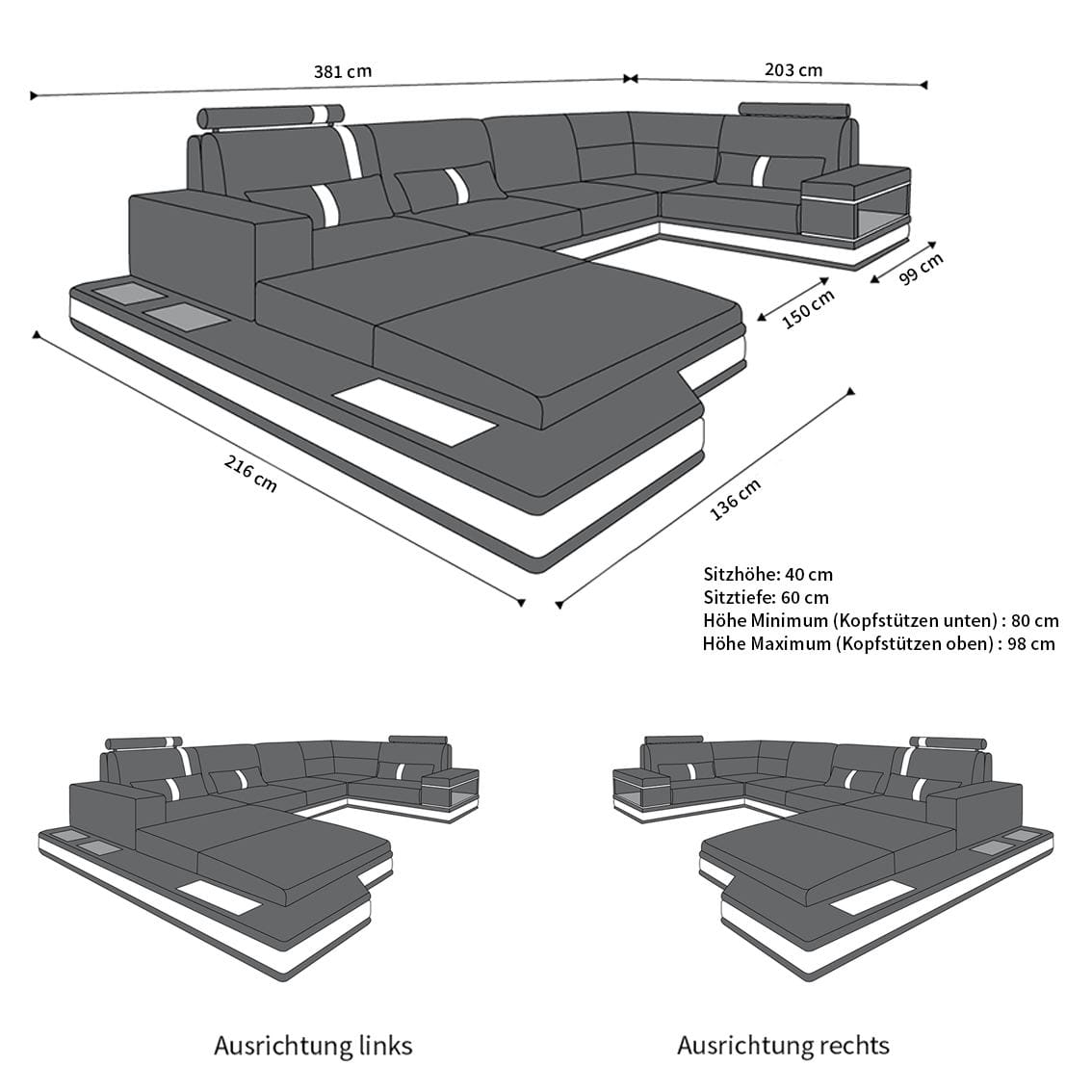 Stoff Wohnlandschaft Messana U-Form Grau-Weiß