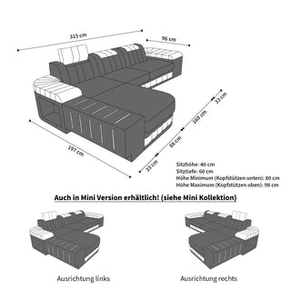 Ecksofa Bellagio L-Form aus Stoff Dunkelgrau-Weiß