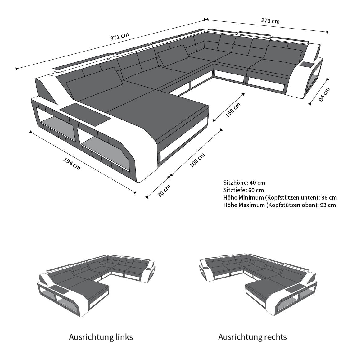 XXL Stoff Wohnlandschaft Matera U-Form Graubraun-Weiß