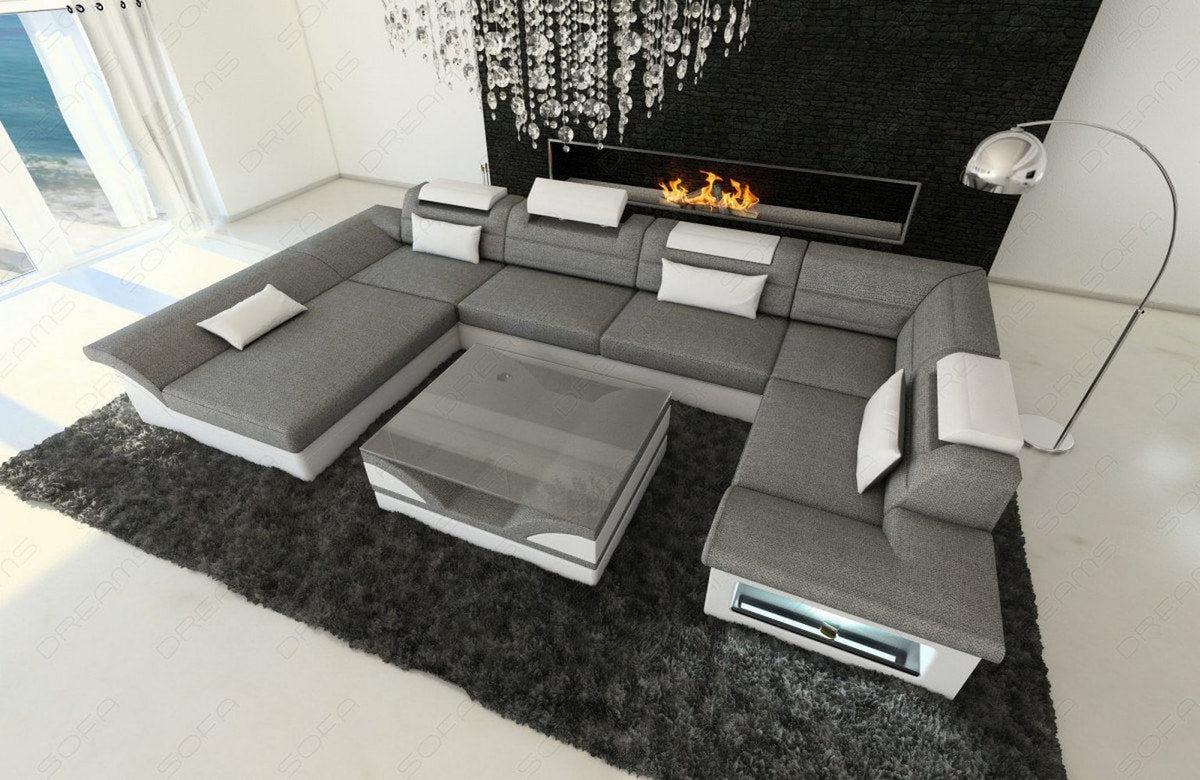 Wohnlandschaft Enzo U-Form in Stoff Grau-Weiß