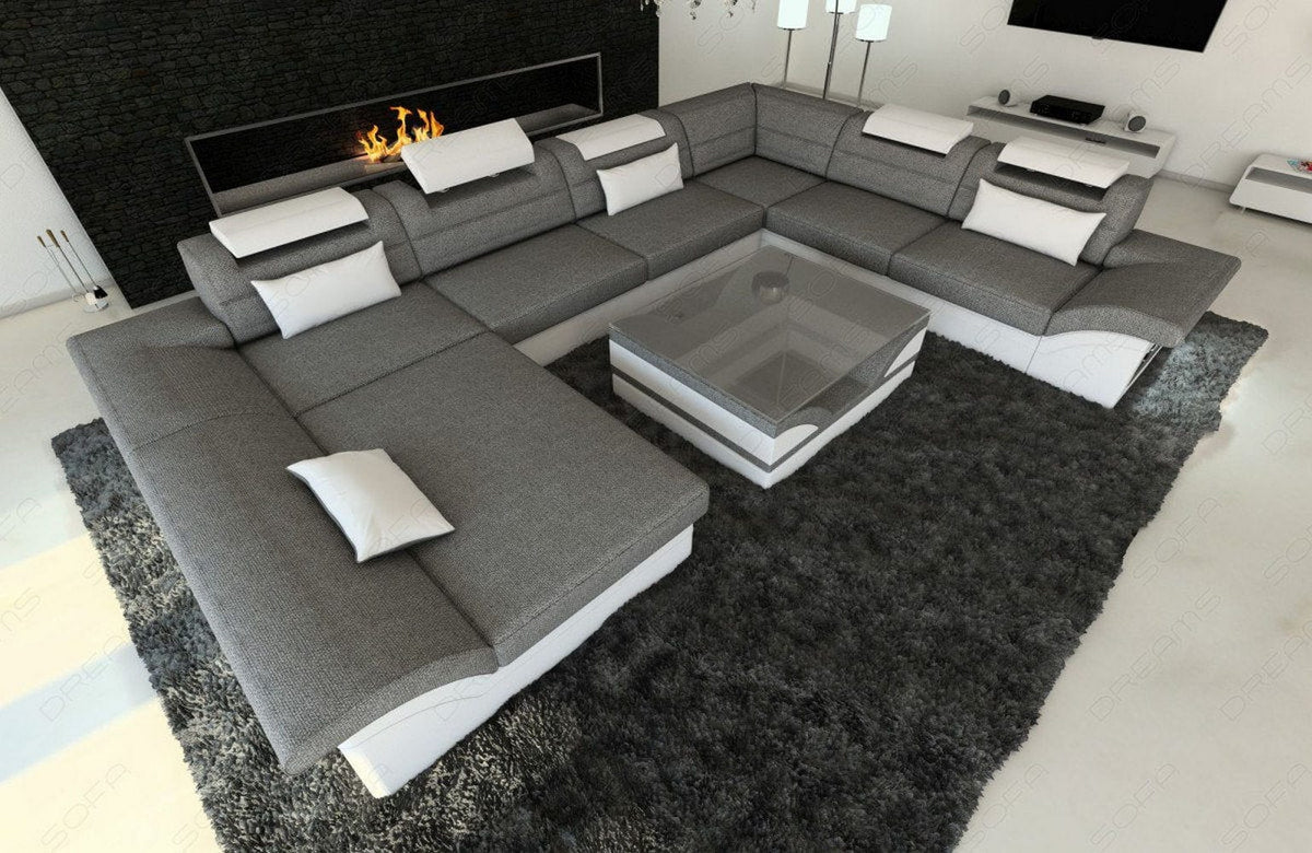 XXL Wohnlandschaft Enzo U-Form in Stoff Grau-Weiß