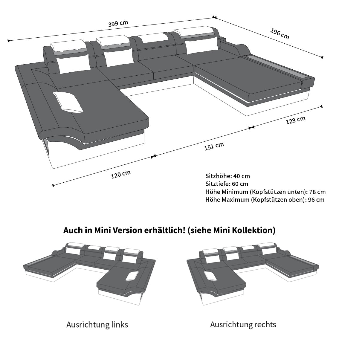Couchlandschaft Monza U-Form in Stoff Grau-Grau