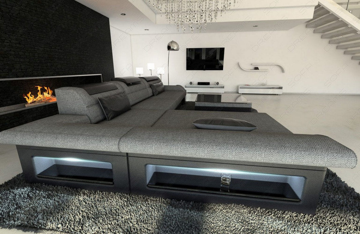 Ecksofa Monza L-Form aus Stoff Grau-Schwarz