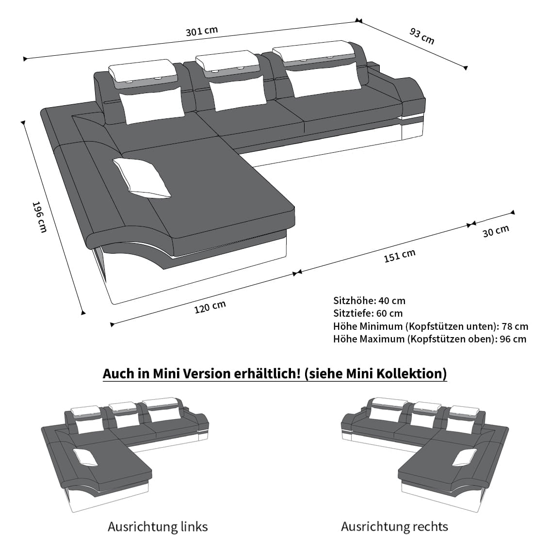 Ecksofa Monza L-Form aus Stoff Grau-Schwarz
