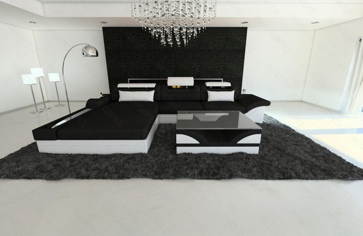 Ecksofa Parma L-Form aus Stoff Schwarz-Weiß