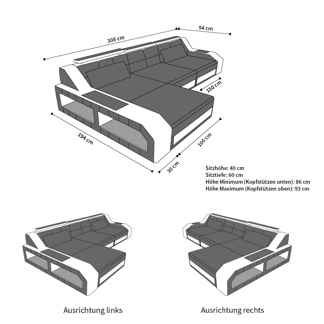 Ecksofa Arezzo L-Form aus Stoff Braun-Weiß