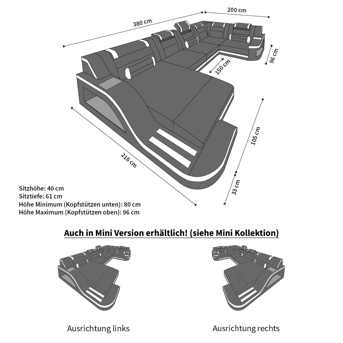 Stoff Wohnlandschaft Palermo U-Form Grau-Schwarz