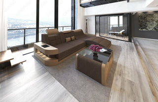 Couch Wave L-Form in Stoff Braun-Sandbeige