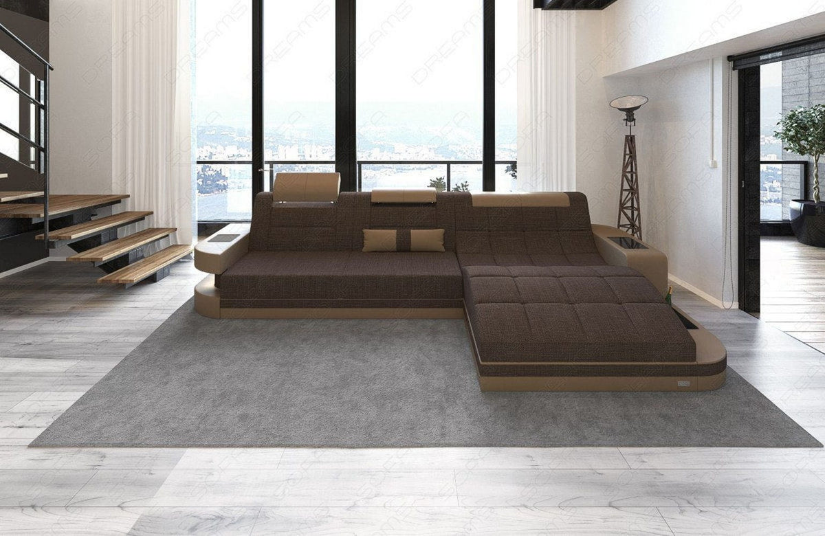 Couch Wave L-Form in Stoff Braun-Sandbeige