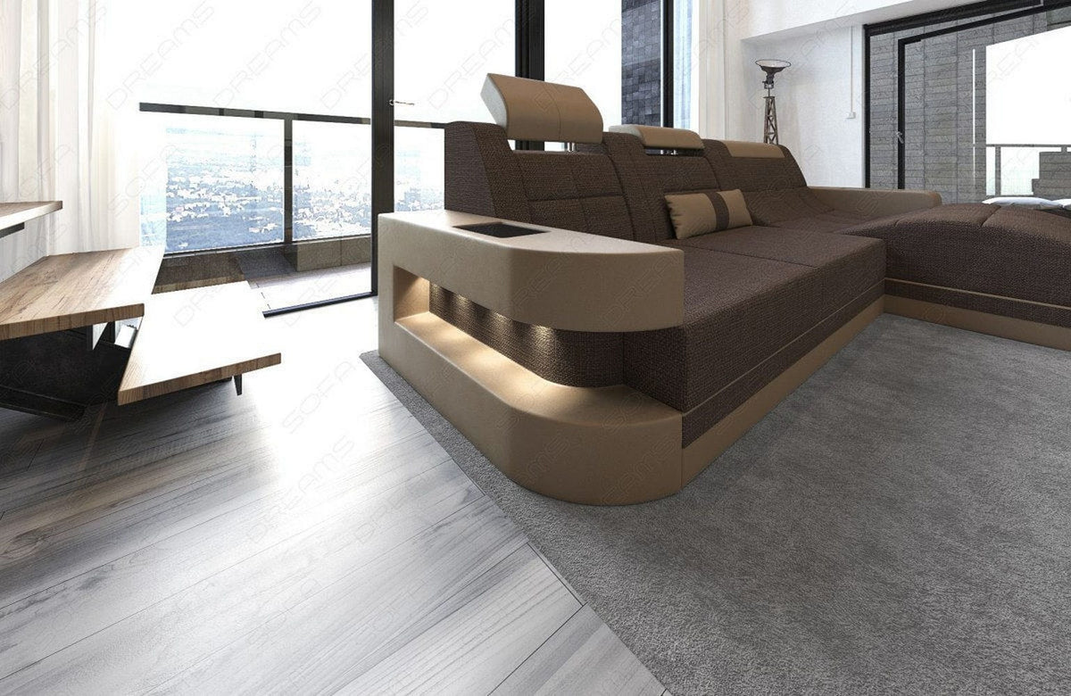 Couch Wave L-Form in Stoff Braun-Sandbeige