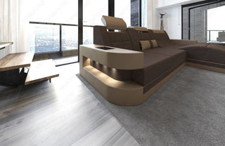 Couch Wave L-Form in Stoff Braun-Sandbeige
