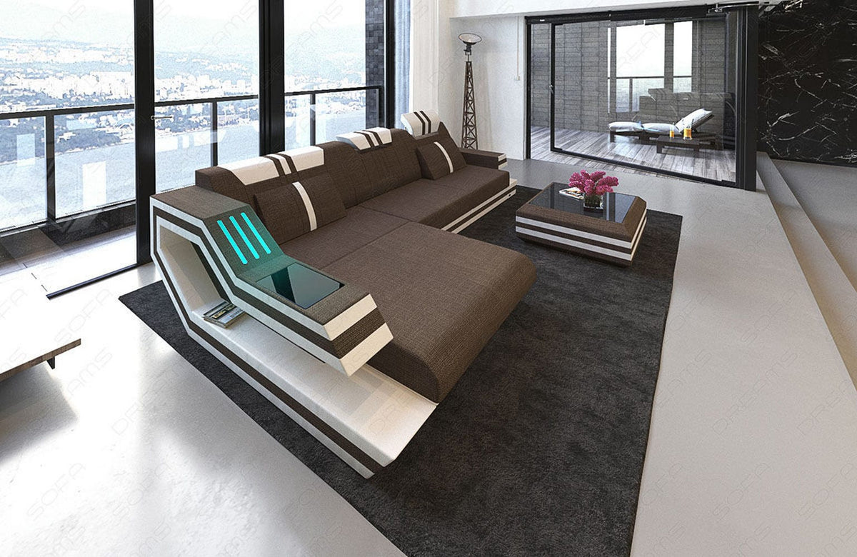 Stoff Ecksofa Ravenna L-Form Braun-Weiß