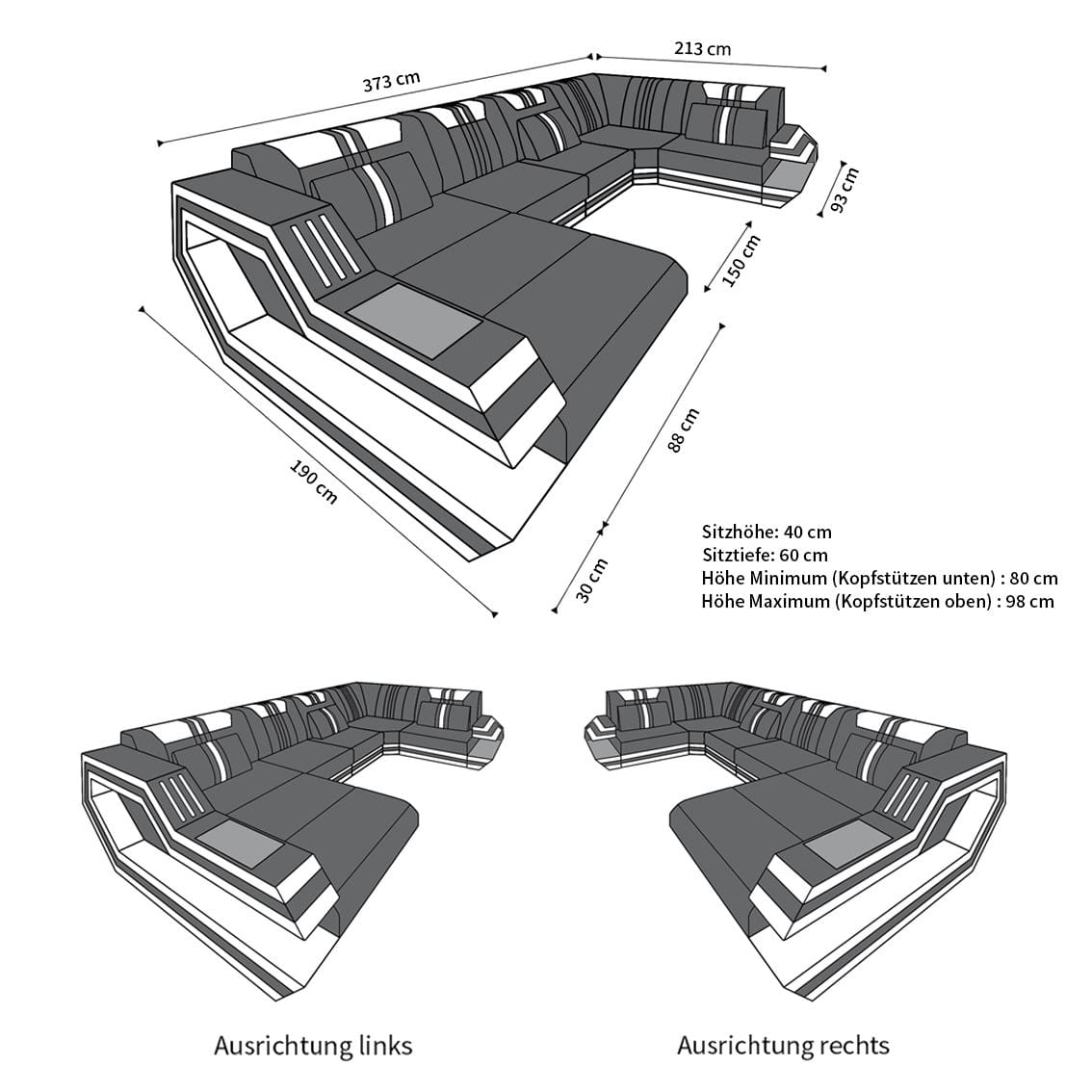 Couchlandschaft Ravenna U-Form in Stoff Macchiato-Schwarz