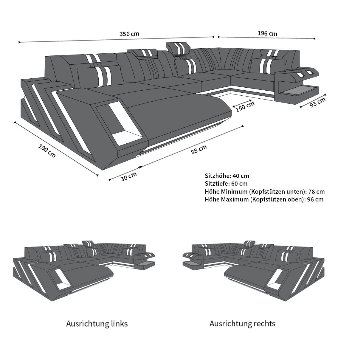 Couchlandschaft Apollonia U-Form in Stoff Grau-Weiß