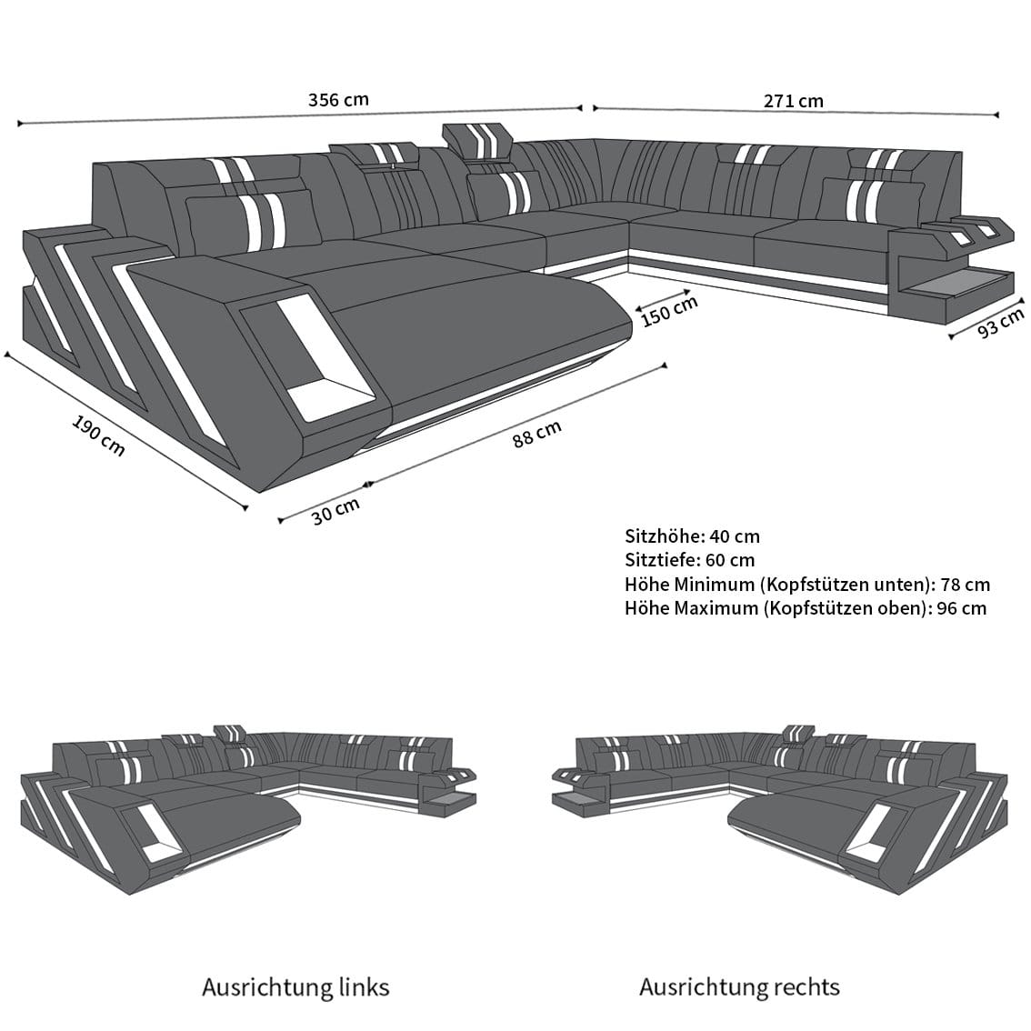 XXL Stoff Wohnlandschaft Apollonia U-Form Schwarzgrau-Schwarz