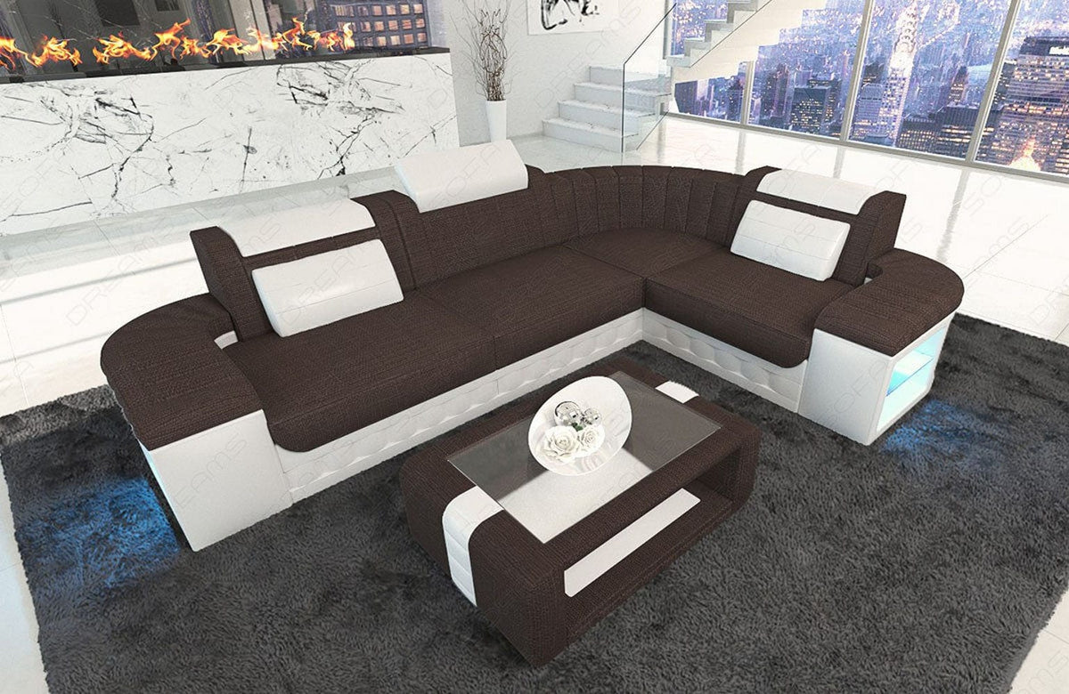 Stoff Ecksofa Bergamo L-Form Braun-Weiß