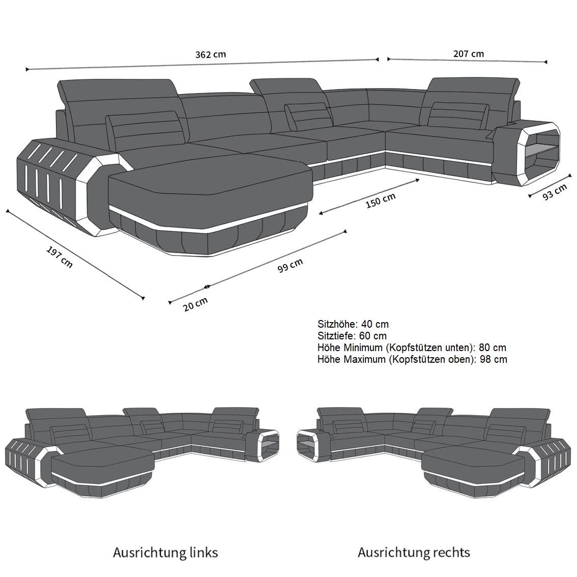 Wohnlandschaft Roma U-Form aus Stoff Grau-Schwarz
