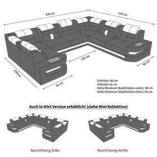 Wohnlandschaft Como U-Form aus Stoff Dunkelgrau-Weiß