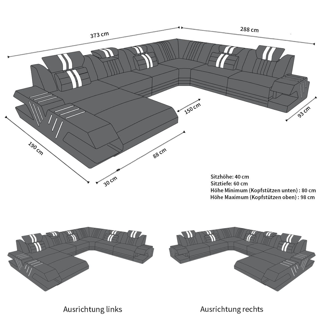 XXL Wohnlandschaft Venedig U-Form aus Stoff Schwarz-Schwarz