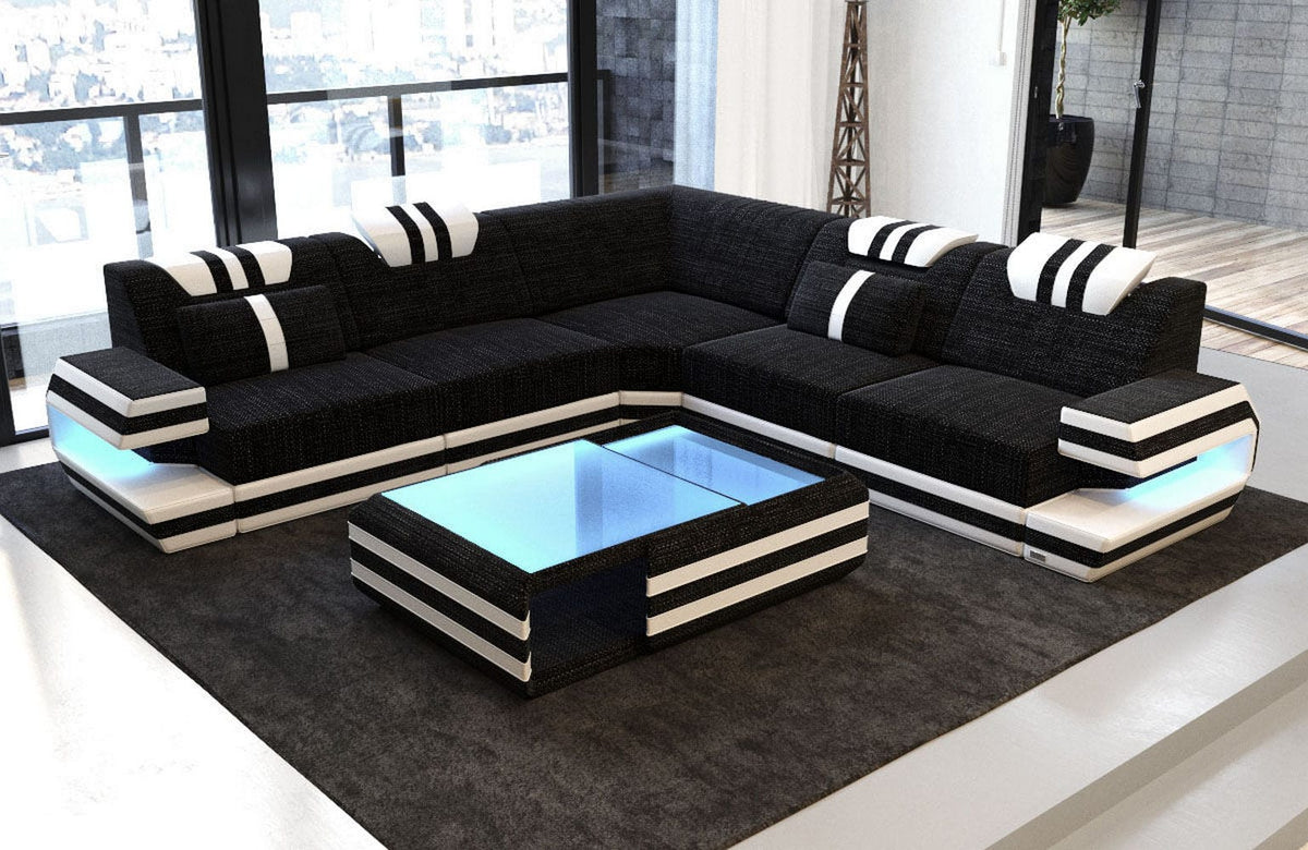Couch Ragusa L-Form in Stoff Dunkelgrau-Weiß