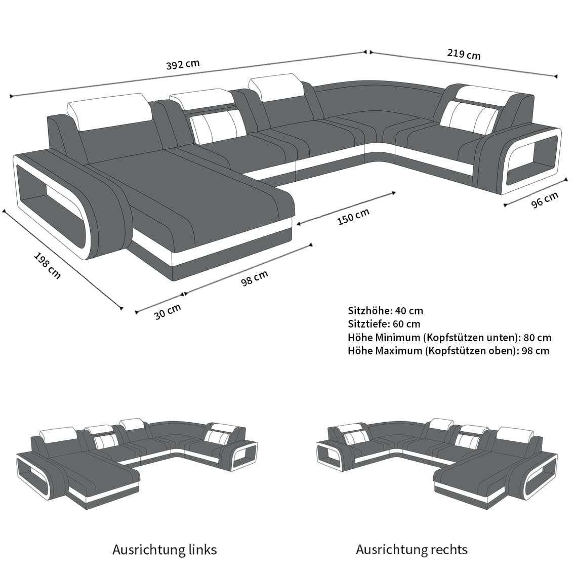 Stoff Wohnlandschaft Berlin U-Form Grau-Weiß