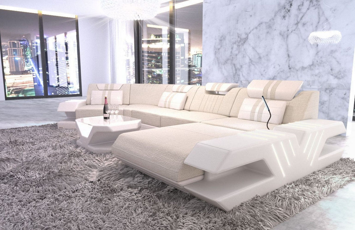 Designsofa Venedig C-Form aus Stoff Elfenbein-Weiß