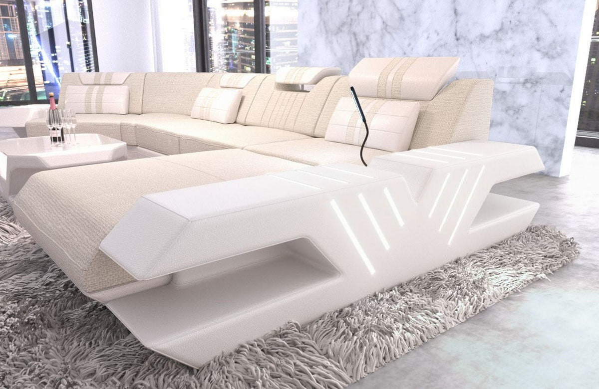 Designsofa Venedig C-Form aus Stoff Elfenbein-Weiß