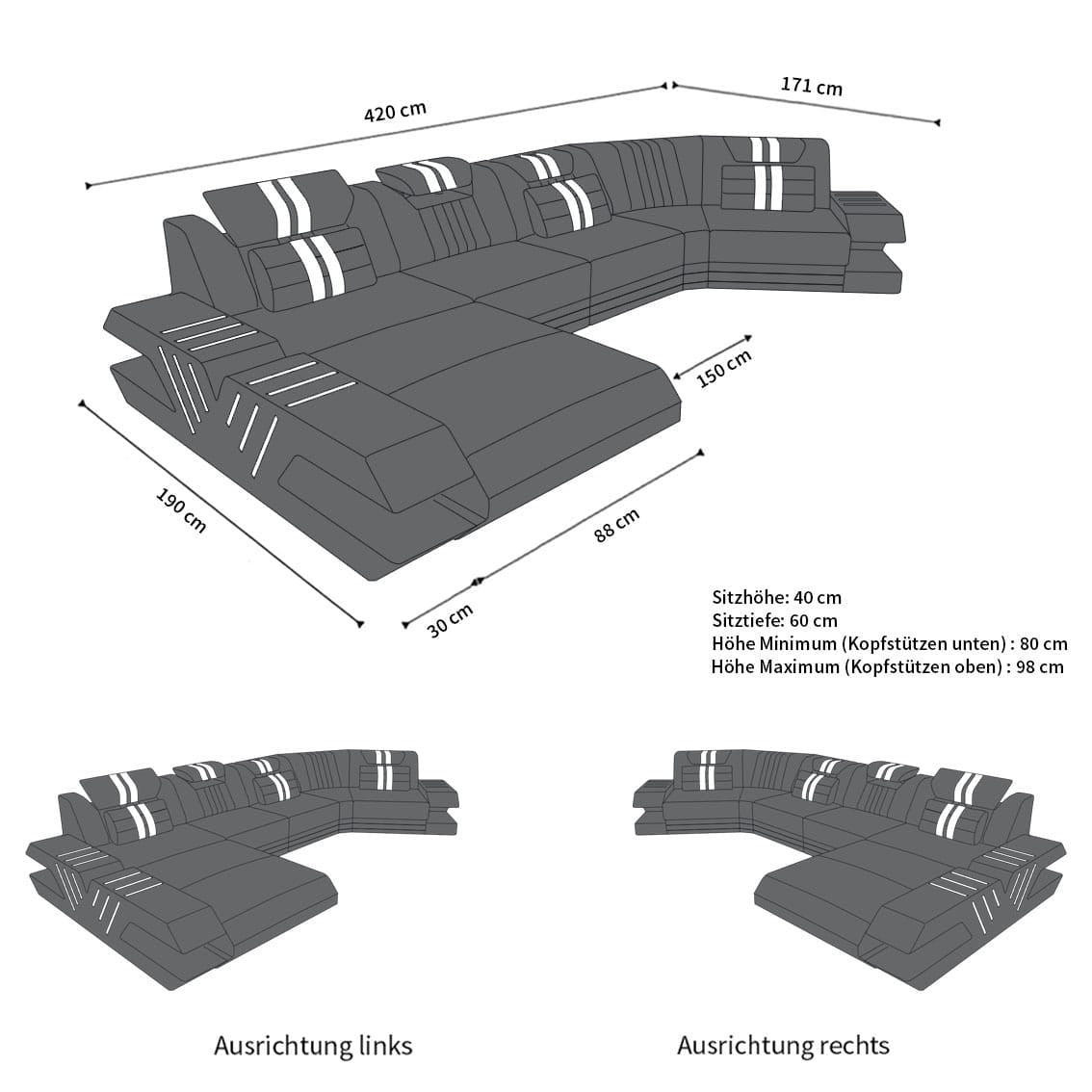 Designsofa Venedig C-Form aus Stoff Elfenbein-Weiß