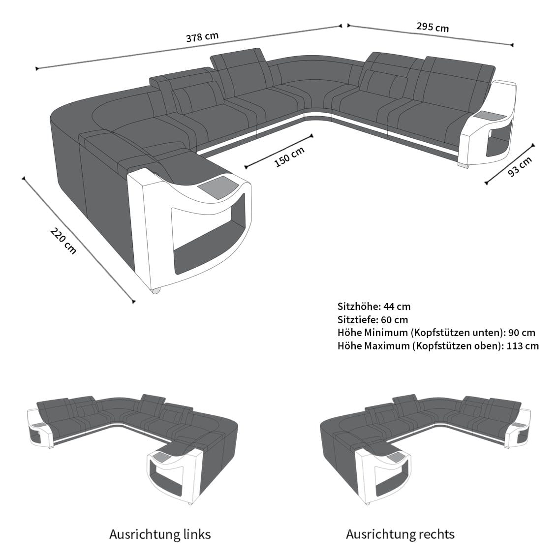 Couchlandschaft Genua U-Form in Stoff Dunkelgrau-Weiß