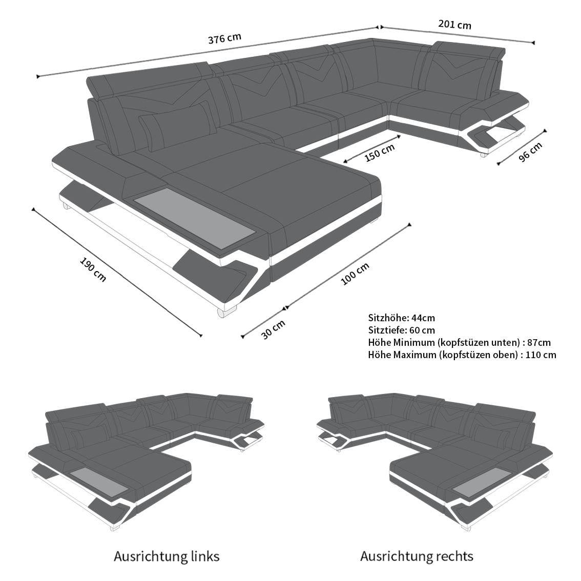 Stoff Wohnlandschaft Napoli U-Form Elfenbein-Schwarz