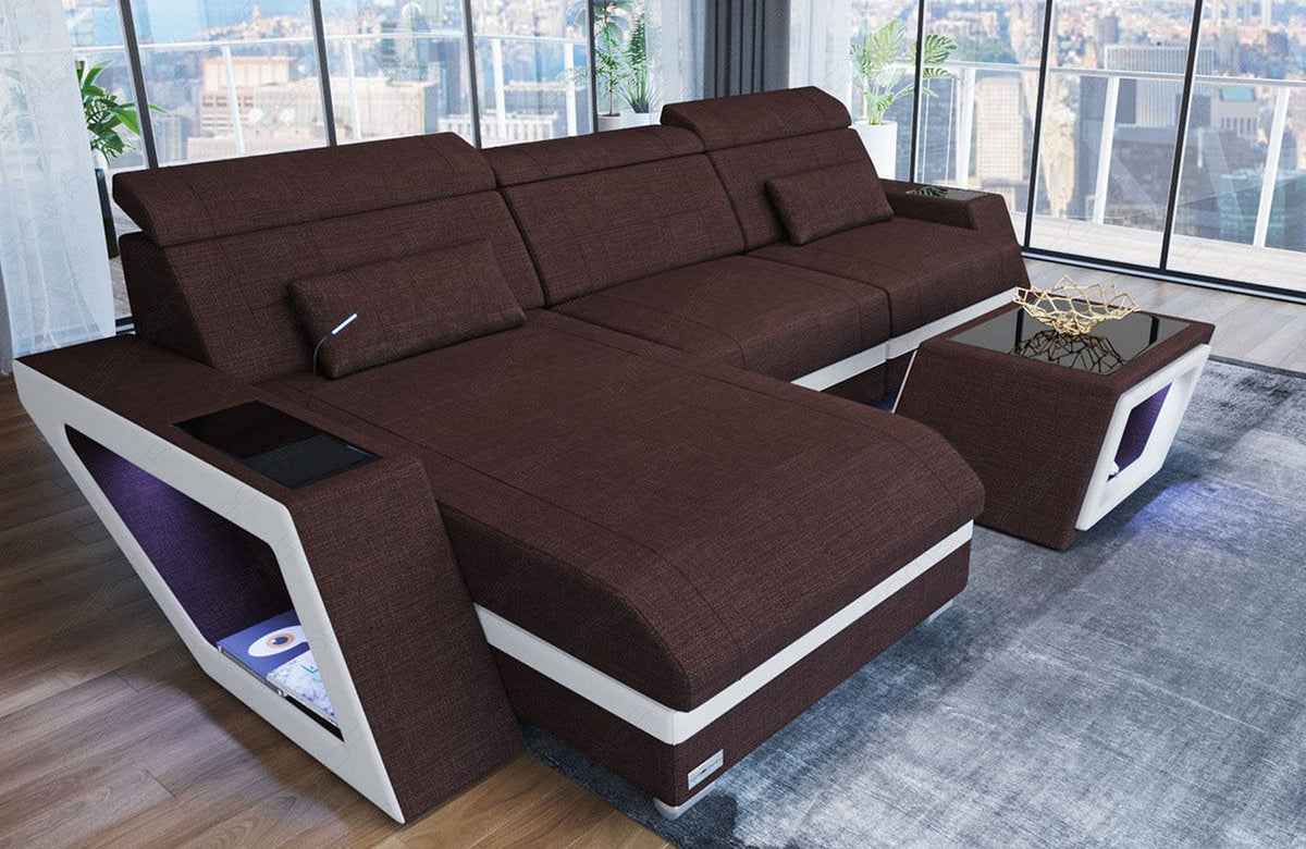 Ecksofa Catania L-Form aus Stoff Graubraun-Weiß