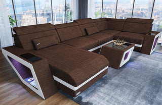 Stoff Wohnlandschaft Catania U-Form Braun-Weiß