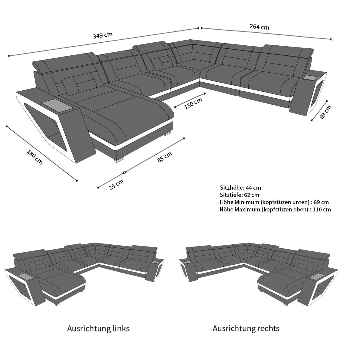 Wohnlandschaft Catania XXL U-Form in Stoff Macchiato-Schwarz