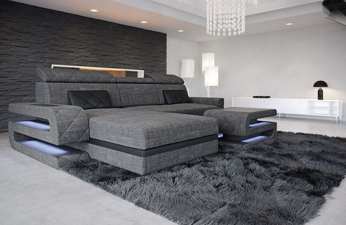 Ecksofa Bologna L-Form aus Stoff Grau-Schwarz