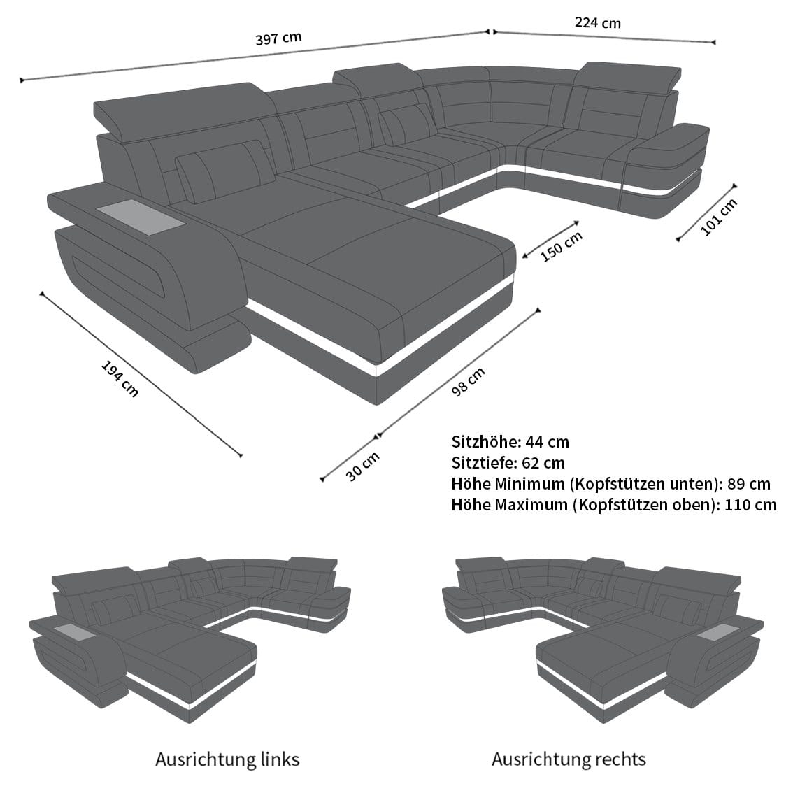 Couchlandschaft Bologna U-Form in Stoff Grau-Schwarz