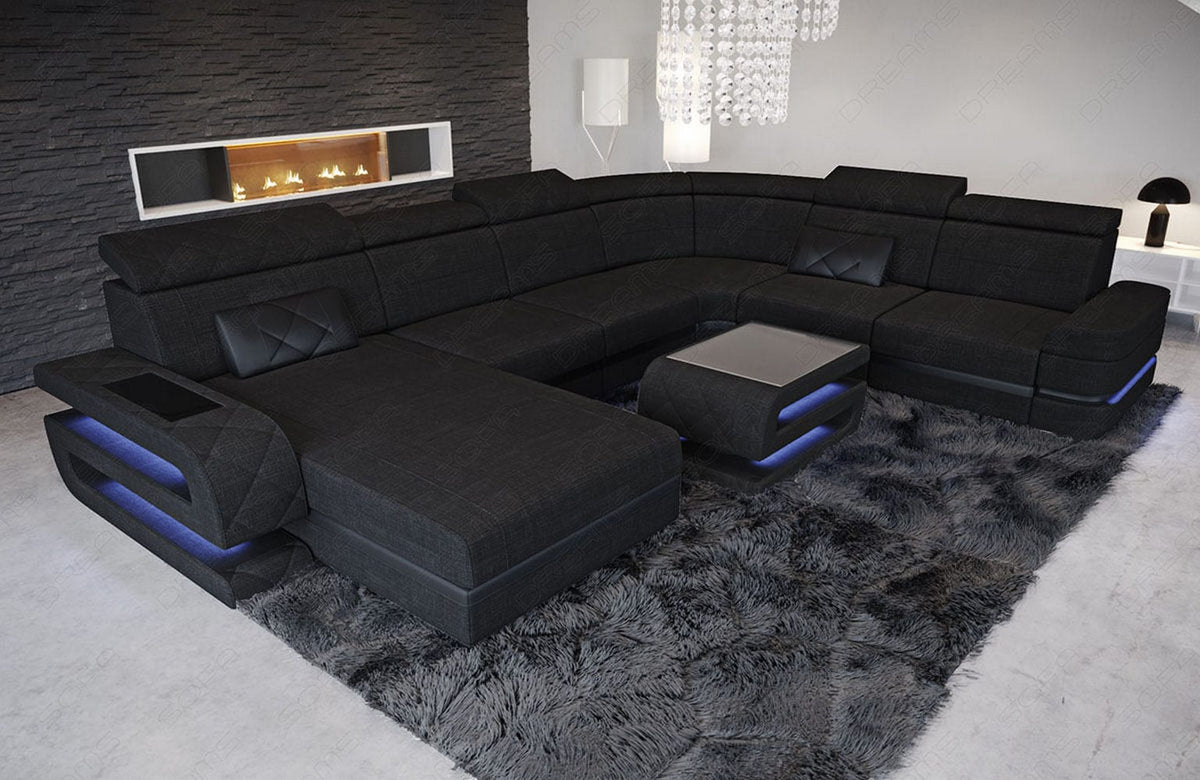 Wohnlandschaft Bologna XXL U-Form in Stoff Schwarz-Schwarz