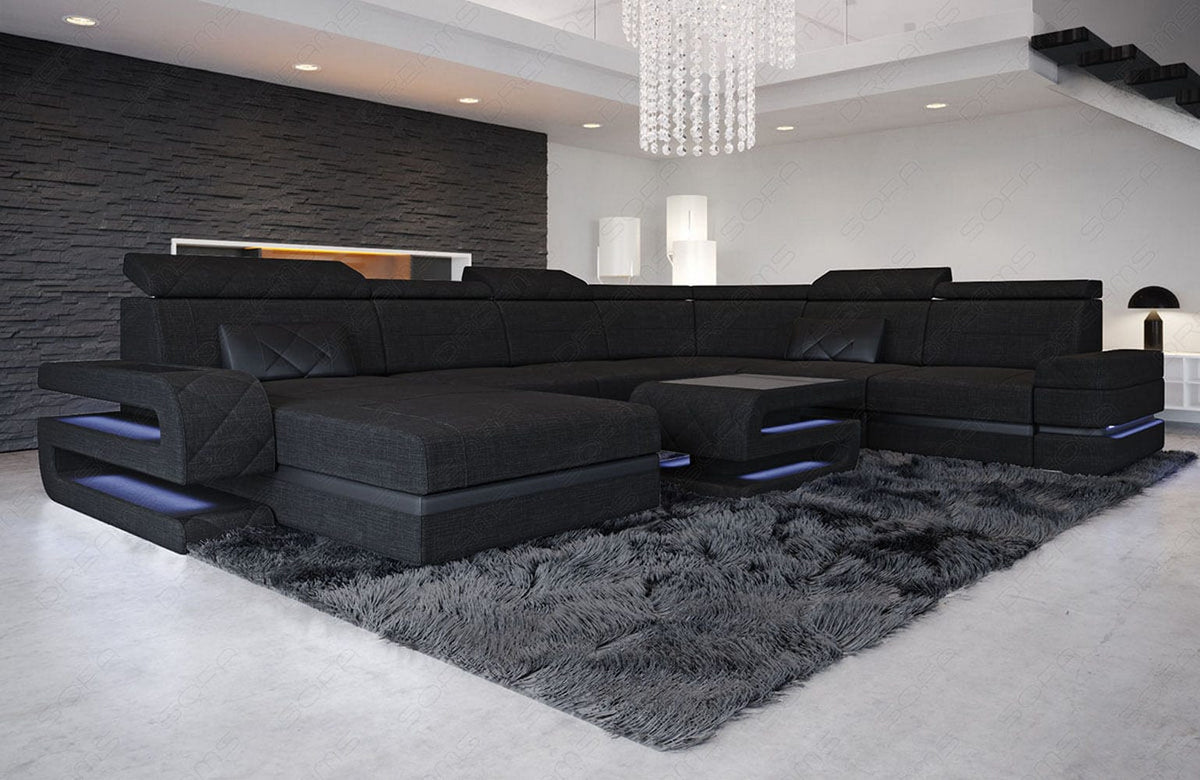 Wohnlandschaft Bologna XXL U-Form in Stoff Schwarz-Schwarz